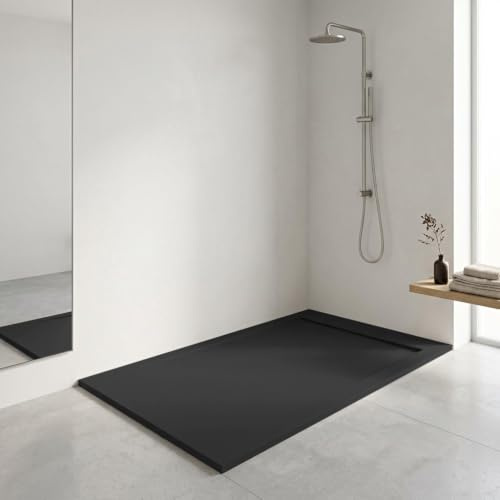 Plato de ducha resina FLOW desagüe lineal frontal color Negro 120x80 textura pizarra antideslizante rejilla inox con válvula