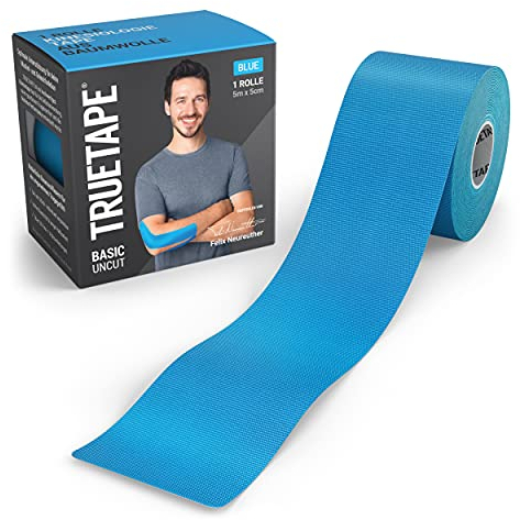 TRUETAPE® Kinesiotape – BASIC Uncut – 1x Rolle (5 m x 5 cm) ungeschnitten – Wasserfestes & Elastisches Kinesiologie Tape – Physiotape mit starker Klebekraft für Alltag & Sport – Blau