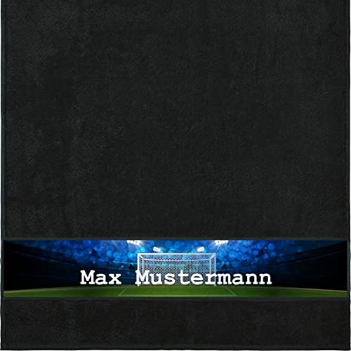 Manutextur Duschtuch Mit Namen - Personalisiert - Fußballtor-Motiv - Viele Farben - Dusch-Handtuch - Schwarz - 70x140 cm - Persönliches Geschenk Mit Wunsch-Motiv Und Wunsch-Name