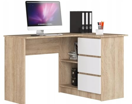 BDW Eckschreibtisch Eiche Sonoma/Weiß, 3 Schubladen rechts und 2 Regale, viel Platz zum Entfalten. Perfekt für Jugendzimmer, Büros und Ateliers.