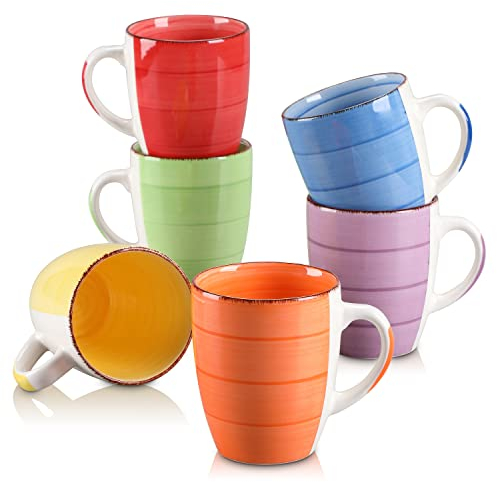 vancasso serie Bonita Tazas de Desayuno, Juego de 12 Tazas de Café y Lecha Cerámica Vintage 350ML Tazas de Bobina pintada a mano, Copa 6 Colores