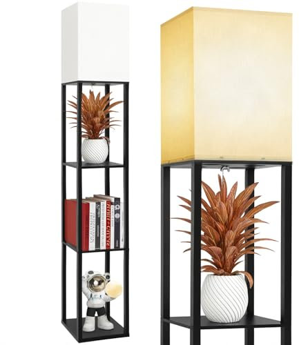 DEANIC Floor Lamp with Shelves, Modern Standard LED Lamps Living Room Bedroom Office, Wooden Tall Standing Lamp Reading Lamp Stand (Black, Standard) [Energy Class F]