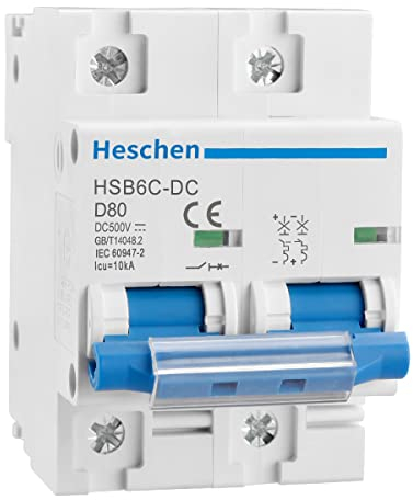 Heschen DC Miniatur-Leistungsschutzschalter, HSB6C-DC, 2 Polig, DC500V 80A, Photovoltaik Leistungsschutzschalter, für Solar PV Anlage Solar Panels Grid System, 35mm DIN-Schienenmontage
