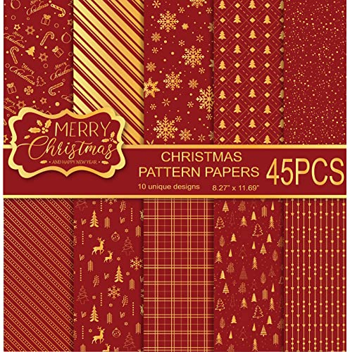 MIAHART 45 Blatt Merry Christmas Pattern Paper Set 10 Designs Festival Dekoratives Bastelpapier doppelseitig für die Kartenherstellung, Scrapbook, A4-Größe, Rot und Gold