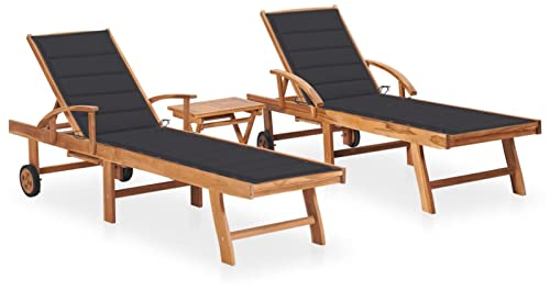Chusui Sonnenliegen 2 STK. mit Tisch und Auflagen, Gartenliege, Strandliege, Relaxliege Garten, Saunaliege, Campingliege, Poolliege, Liege Garten, Massivholz Teak
