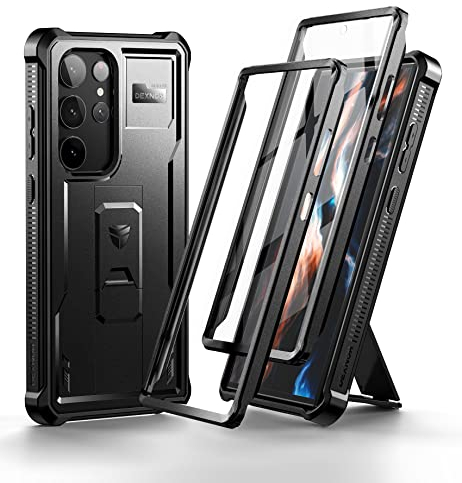 Dexnor Kompatibel mit Hülle Samsung Galaxy S23 Ultra【Doppelter Frontrahmen & Ständer】, Stoßdämpfer Technologie Fallschutz Robuste Handyhülle Stoßfeste Schutzhülle - Schwarz