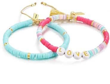 Yokoamii Damen Set (Armband 2er) Edelstahl gelbvergoldet 14 Karat Heishi Perlen rosa türkis weiß Love Perlenarmband