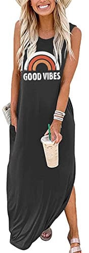 Sxkayxr Women's Summer Sleeveless Maxi Dress Casual Loose Beach Good Vibes Tshirt Dresses with Pockets Dark Grey