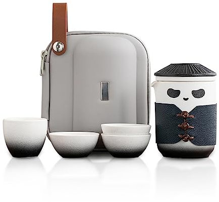 TUCHACA Ensemble de thé de voyage, tasse à thé Panda mignon avec sac de transport, 350ml céramique Kung Fu théière avec 4 tasses à thé en céramique avec filtre à thé. (Noir)