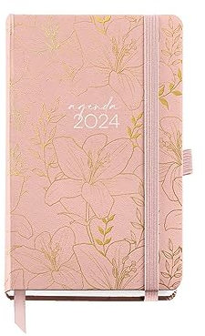 Miquelrius - Annual Diary 2024, Day Page, Passport Size 90 x 140 mm, Hard Cover, Stitched Binding, Elastic Closure, Spanish, English and Portuguese, Rose with Flowers in Gold Stamping
