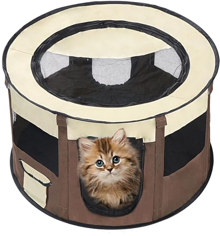 Coolty Welpenauslauf Faltbar Welpenlaufstall Haustier Laufstall Tragbar Zwingerzelt Runde Haustier Park für Welpe Hund Kätzchen Katze Kleintiere Drinnen Außen, 68x68x39cm(Braun)