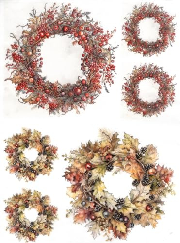 Zita´s Creative Reispapier A3 - Autumn Wreaths with Berries - Motiv-Strohseide, Strohseidenpapier, Decoupage Papier