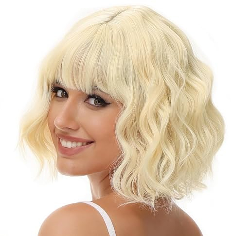 Luxiremi Perücken Blond Kurze Schulter Länge Lockig Gewellt Perücke Bob mit Pony Synthetische Cosplay Perücke für Damen