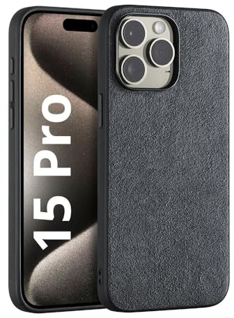 Deppa Alcantara Hülle für iPhone 15 Pro (6,1') mit Magsafe [Silikon Kanten] Stoßfeste Handyhülle Case| Erhöhter Kameraschutz| Echtes italienisches Alcantara| Premium-Qualität Cover (Grau-9052)