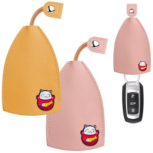 2 pièces étuis à clés de voiture, sacs à clés de type à tirer couverts pochette à clés de voiture en cuir PU porte-clés couverture de clé de voiture pour hommes femmes (jaune et rose)