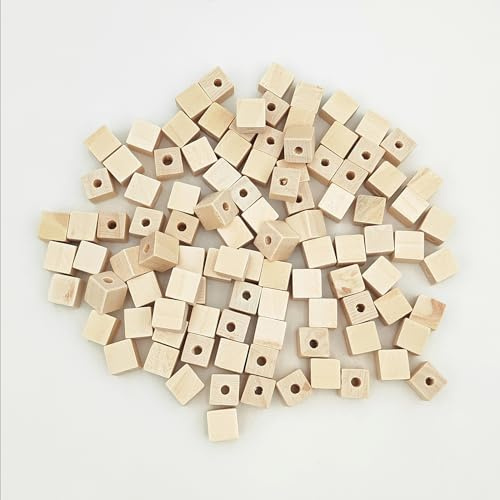 Holzwürfel mit Löchern 1 cm/100 Stück, unfertige quadratische Holzperlenblöcke, Blanko-Naturholzwürfel zum Basteln