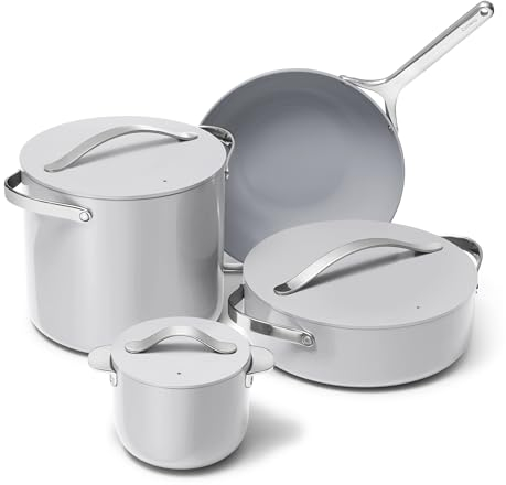 Caraway Cookware+ Collection – Spezial-Kochgeschirr-Set – Petite Cooker, Bratpfanne, Rondeau & Suppentopf – 3 Deckel und Aufbewahrungs-Organizer im Lieferumfang enthalten – Grau