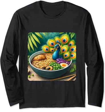 Ramen Bowl With Noodle Peacock Tail, Feather Toppings. Tail Long Sleeve T-Shirt