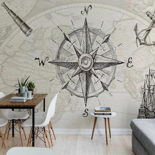 MIXUEXUNLU 3D Mural Wallpaper Nautical map Helm Retro Wall Painting Wallpaper Living Room Sofa Background Home Decoration