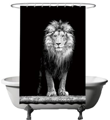 Ulticool Duschvorhang - Löwe Löwe Kopf Natur Tiere - 120 x 180 cm - waschbar - Anti Schimmel - mit 8 Ringen - Schwarz Weiß Grau
