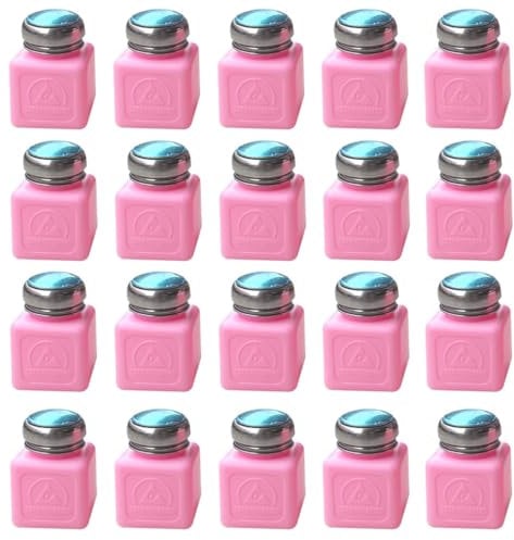 20 Pack 100ml 3OZ Solvent Bottle | AntiStatic Square Bottle | EPA ESD Safe One Touch press Stainless Steel Liquid Dispenser Pump for Rubbing Alcohol / Nail Polish Makeup Remover Dispenser,Pink