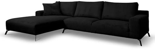 Ecksofa mit Schlaffunktion Aspen, Schwarz Cordstoff, Ottomane Links | Sofa mit Bettkasten, Schlaffläche 150 x 270 cm, inkl. Kissen & Aufbauanleitung