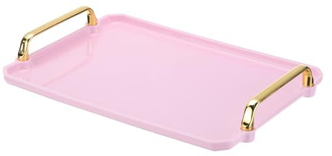 PATIKIL 12 x 8.6 Inches Plastic Serving Tray with Golden Handles, Reusable Tray Rectangular Party Platters for Dessert Coffee Tea Table, Living Room Kitchen Countertop, Pink