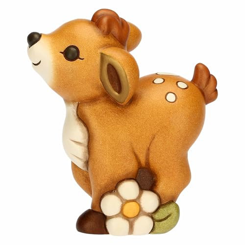 THUN, Cerbiatto Amy con Fiore in Ceramica, Versione Grande, Linea AbbracciAMI, Maxi Cerbiatto da Collezione, Idea Regalo per Natale, 12.9 x 7.3 x 14.7 cm