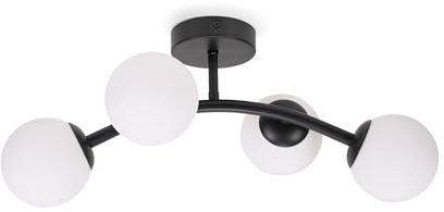 ValueLights | Black 4 Way Ceiling Light with Opal White Frosted Glass Globe Shades for Living Room Hallway Bedroom | Ceiling Lights, Home Décor Essential | Included LED Bulb | Mains Wired