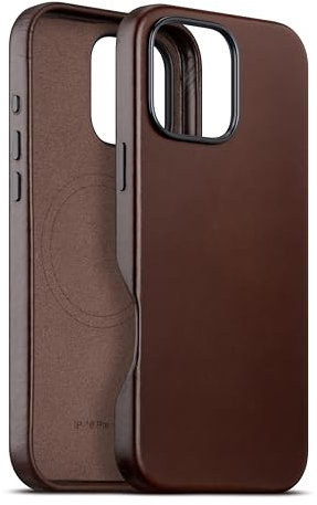 maogoam for iPhone 16 Pro Case Leather 6.3 inch, Compatible With MagSafe, Genuine Veg-Tanned Oil Wax Top-Grain Leather, Metal Buttons & Camera Bump Frame, Elegant Style, Red Brown