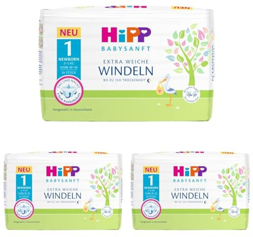 HiPP Babysanft Windeln Newborn 1 Einzel (Packung mit 3)