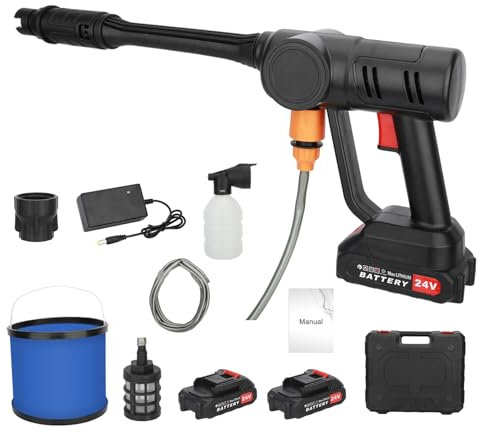 Fiauli Limpiador de alta presión portátil con 2 baterías, 50 bar, pistola de agua de alta presión inalámbrica portátil con manguera de 5 m para coche, terraza, ventana, césped, riego de jardín UE