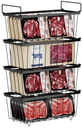 diceevil 4 Pack Stackable Chest Freezer Baskets with Handles - Deep Freezer Organizer, Space-Saving Frozen Food Storage Bins, Easy Access, Black