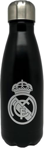 Real Madrid - Botellas de agua de acero - En negro, Blanco, Acero plateada y Azul - Cierre hermético - 550 ML - Producto Oficial con Licencia