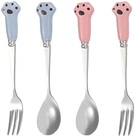 4Pcs Dog Food Fork, Cat Food Spoon, Dog Food Spoon, Cat Food Fork, Pet Food Cutlery, Stainless Steel for Feeding Wet Food Scoops for Food Pet Food Scoop(Blue+Pink)