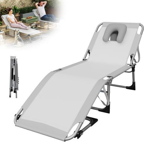 XMTECH Klappbare Sonnenliege Leicht & Kompakt | 5-Stufig Verstellbar Rückenlehne | Kopfkissen + 160kg Tragkraft | Gartenstuhl Strandliege für Garten/Camping/Terrasse/Pool | Hellgrau
