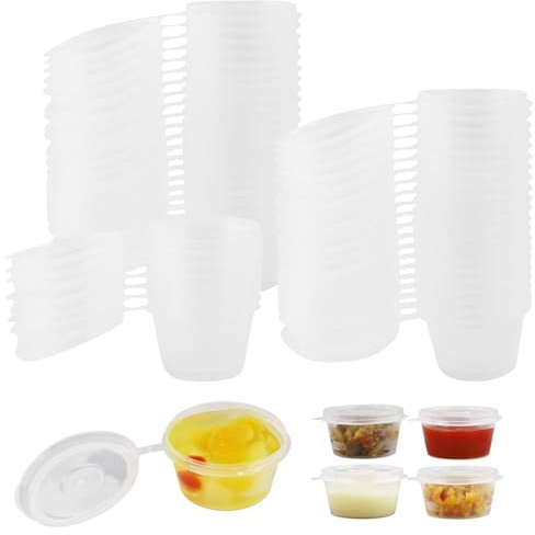 MERVYNGLYNNHUNTER Lote de 100 recipientes pequeños de 25 ml para salsa con tapa, reutilizables, transparentes, para salsa de ketchup, aderezo para ensaladas, salsa de soja, galletas, dulces