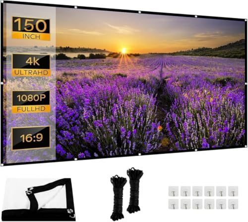 Leinwand Beamer 150 Zoll: Ruschen verdickt und tragbare Beamer Leinwand 330 x 187 cm, 16:9 HD faltbar & knitterarme Projektionsleinwand für Heimkino, Garten, Camping, Büro, inkl. Haken & Seile