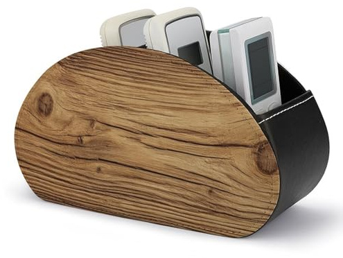Jubonexis Caddy en bois de pin avec texture de bois rustique à grains avec support pour télécommandes en cuir à 5 compartiments, boîte de rangement pour télécommandes TV, organisateur de bureau