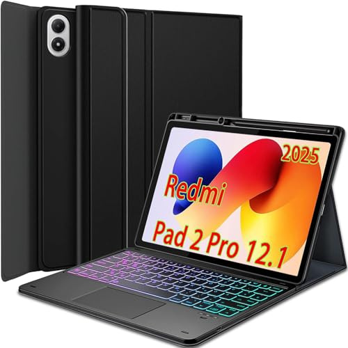 Wineecy Hülle mit Touchpad Tastatur für Xiaomi Redmi Pad 2 Pro 12.1 Zoll 2025, 3-Zonen 7-Farben Beleuchtung, Abnehmbare Magnetische Bluetooth QWERTZ Touchpad Tastatur, Schützhülle mit Pencil Halter