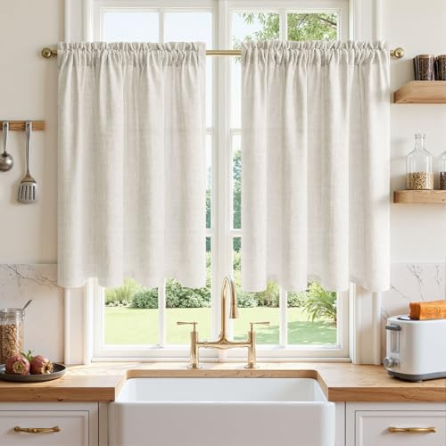 MRTREES Scheibengardinen Leinenoptik Elfenbeinweiß, H 45 x B 60 cm 2er Set Scheibengardinen Landhausstil, Moderne Scheibengardine Halbtransparent Bistrogardine Kurz Küchenvorhänge Stangendurchzug