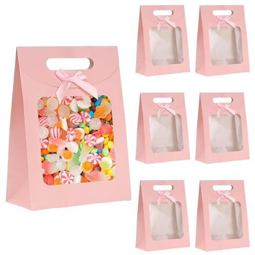 Ovanda 6 Stück Rosa Papiertüten Mit Fenster, 16x6x12 cm Große Geschenktüte Mit Griffen, Süßigkeiten Tüten, Rosa Papiertüten für Süßigkeiten Keksen Verpackung Hochzeit Weihnachten Geburtstag Party