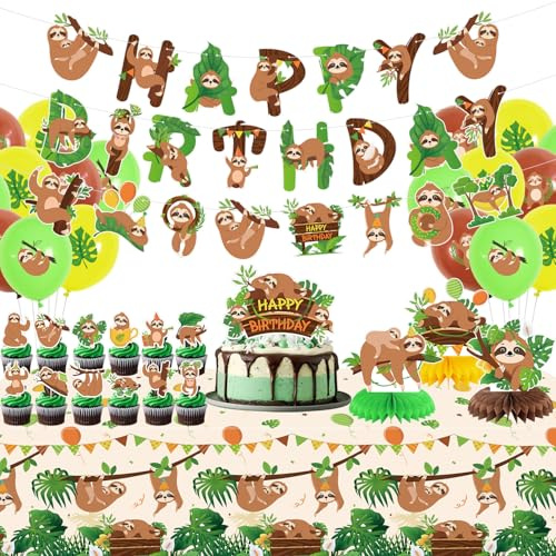 Faultier-Party-Dekorationen, Faultier-Geburtstagsparty-Dekorationen, inklusive Happy Birthday-Banner, Kuchendekoration, Waben-Mittelstücke, Tischdecke und für Tierbedarf