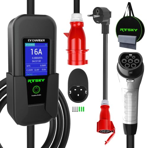 RTSKY Mobile Wallbox 11kW CEE 16A 3-phasig Typ 2, 7m Ladekabel | Ladekabel Auto mit LCD Display, 8 -16A, IP65, Einstellbare Leistung & Ladezeit,EV-Charger für EVs & PHEVs