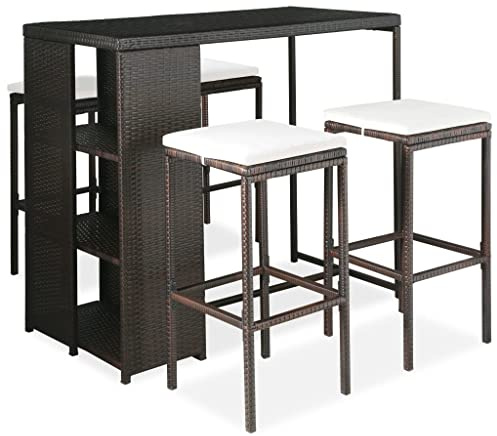 HUAKEHOM Gartenbar Set 5-TLG. mit Kissen Theke Bar Tresen Gartentheke Bartisch Stehtisch Barstuhl Barhocker Gartenmöbel Poly Rattan Braun