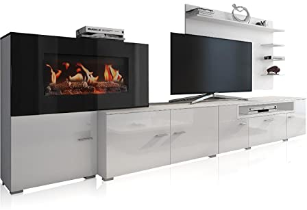 SelectionHome - Mueble salón comedor con chimenea eléctrica, acabado Blanco Mate y Blanco Brillo Lacado, medidas: 290 x 170 x 45 cm de fondo