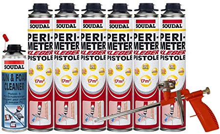 Soudal Kombi Set 6 x Perimeterkleber 750ml Dose + 1 x Soudal PU- Reiniger 500ml Dose + Schaumpistole Compact