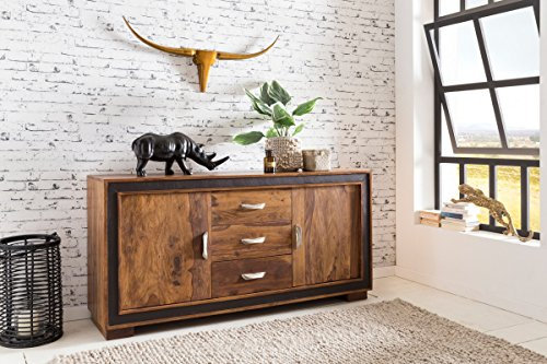 KADIMA Design Sideboard Sheesham Massivholz 160x44x80 cm Kommode Schubladen Türen Kunstleder