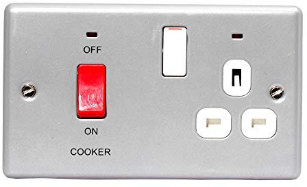 BG Electrical Cooker Switch with Socket and LED with Mounting Box, Cooker Control Unit, Control Socket, Double Pole, Industrial Flat Profile, Scratch Resistant Steel, Metal Clad, Grey, 45A, MC570