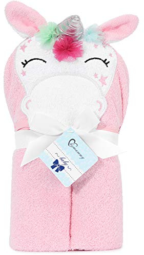 Be Mammy Kapuzenhandtuch Babyhandtuch aus Baumwolle 95cm x 95cm BE20-272-BBL (Rosa - Einhorn)